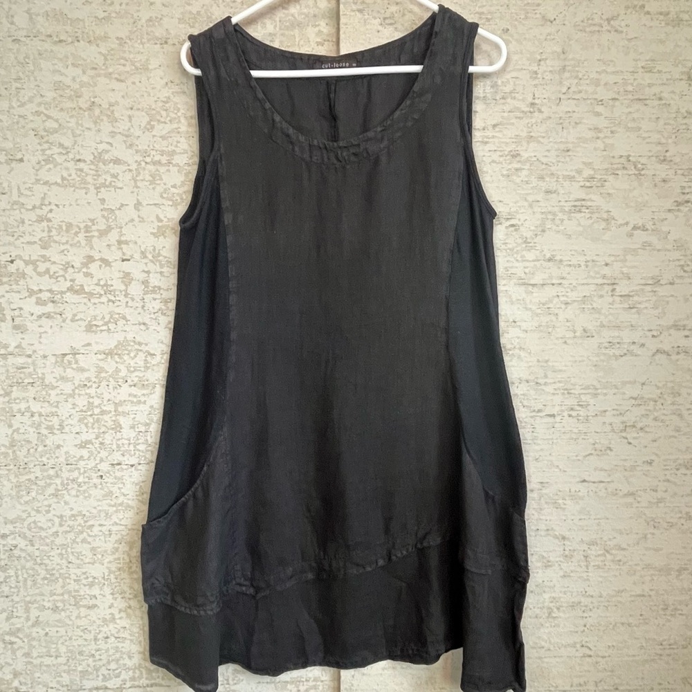 Cut Loose Linen Dress Cotton Side Panels Sz S Made in USA Raw Edge Tiered